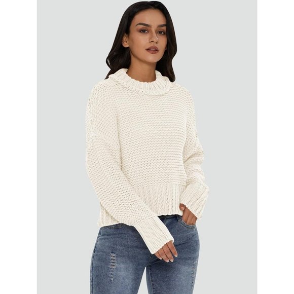 Women's Crewneck Chunky Knit  Batwing Long Sleeve Loose Pullover Sweaters Tops - Picture 4 of 6